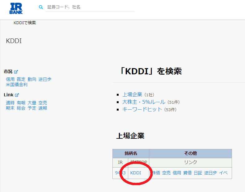 IR BANKでKDDIと検索した結果、会社名の所に目印を置いてる図