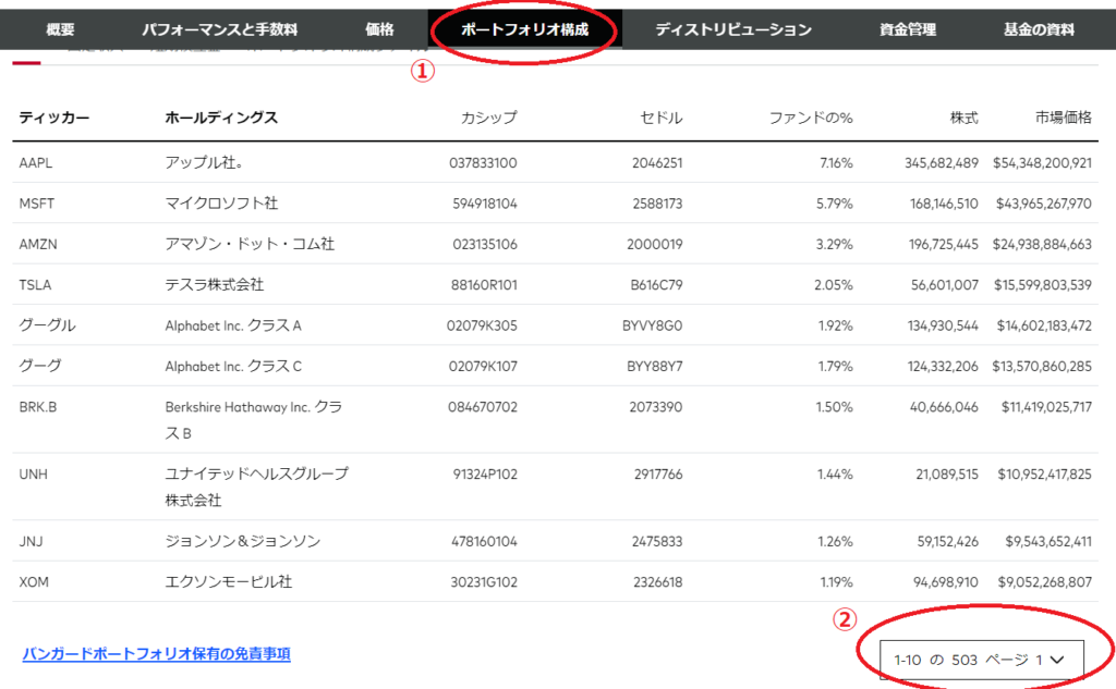 VanguardサイトのＶＯＯがどこに投資しているか表示している図