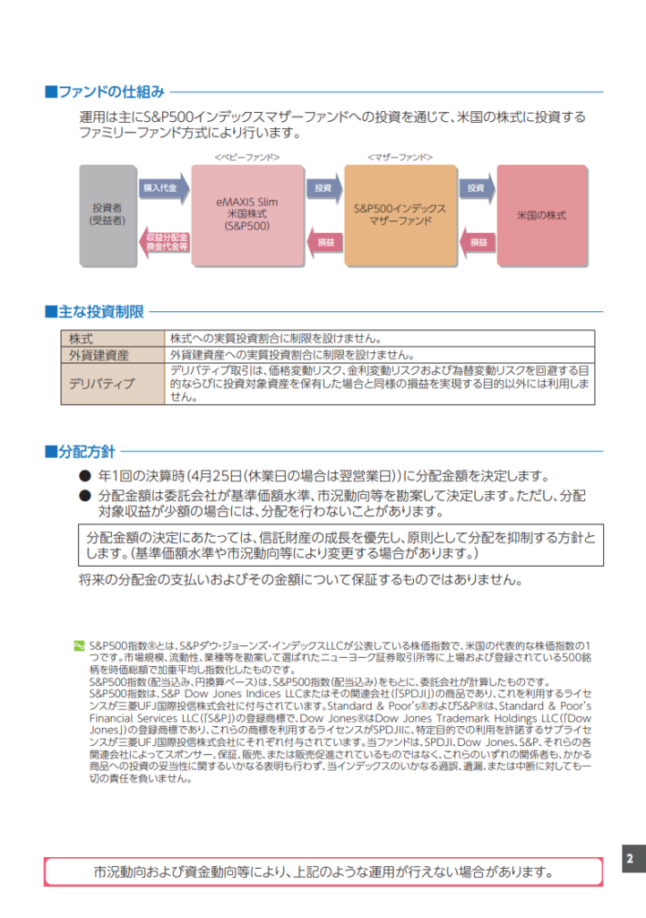 eMAXIS Slim 米国株式（S&P500）の目論見書3ページ目